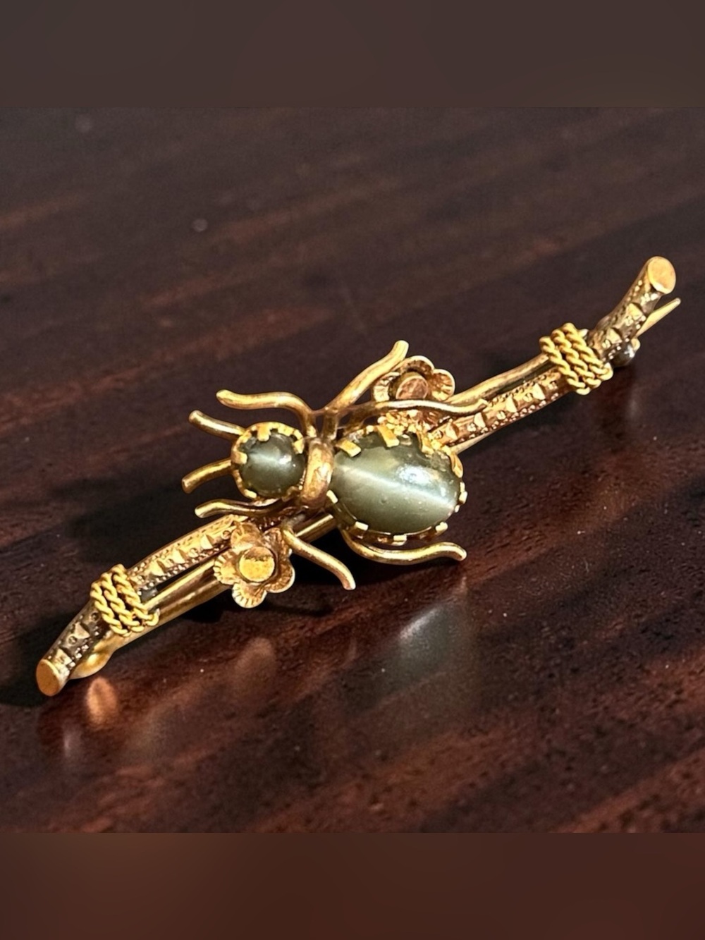 Antique Victorian Beetle Brooch Cat’s Eye Stone. Unusual Insect Jewelry, 2”